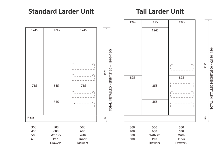 Tall and standard larder kitchen units